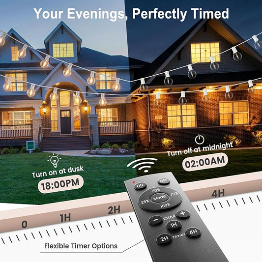 Outdoor-String-Lights with Remote 75FT Waterproof lights for Outside Patio | 1FT Bulbs Spacing,White Cord String Lights, Connectable Dimmable Patio Lights with Remote,Timer, 3 Modes for Backyard, Bistro