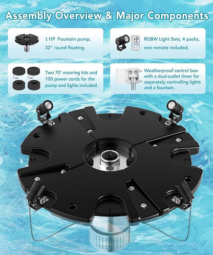 FS01 110V, 1 HP, Large Pond Floating Fountain with LED RGB Lights, Oil Free Pump 13000 GPH with 100’ Cord, Two Spray Patterns Included