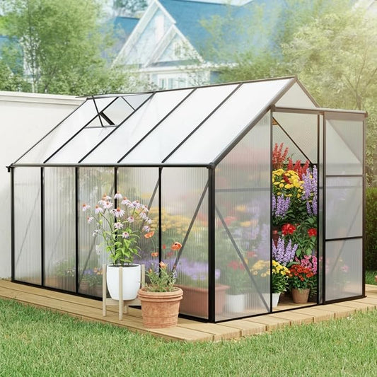6x10 FT Greenhouse, Walk-in Polycarbonate Greenhouses with Sliding Doors, Aluminum Frame, Adjustable Roof Vent, Raised Base & Anchor, Outdoor Backyard Greenhouse for All Seasons, Black