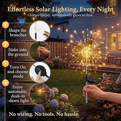 Solar Firework Lights Outdoor 4 Pack, 120LED Solar Starburst Garden Lights with 8 Modes,Waterproof Decorative Fairy Light for Backyard, Garden, Patio & Lawn Landscape Decor