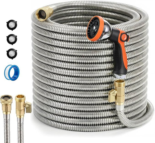 Garden Hose, 50ft 5/8" Stainless Steel Water Hose w/ 10-Mode Spray Nozzle, On/Off Valve, 523 PSI Burst, Anti-Kink, Lightweight All-Weather Flexible, Leakproof 3/4" Brass Male to Female Fittings