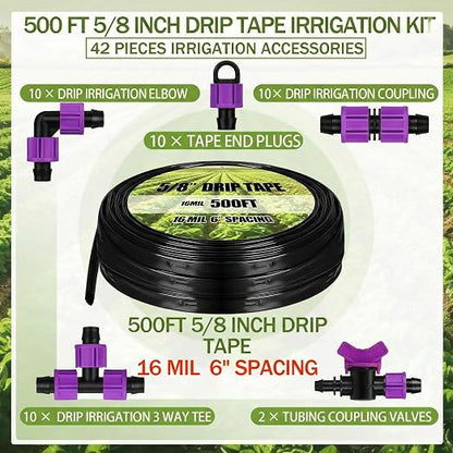 Tondiamo 500' 5/8 Inch Drip Tape Irrigation Tubing Kit 16 Mil 6" Spacing Garden Hose Watering Tube Line Automatic Equipment for Garden Irrigation System Farms, Landscape, Lawn