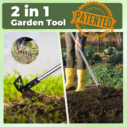 Weed Puller Tool with Long Handle, 60" Manual Weeding Tools Gardening, 2 in 1 Hand Weed Rake and Hoe Garden Weeder Tool, Uprooting Pulling Weed Remover Tool for Yard, Patio, Lawn and Garden (Yellow)