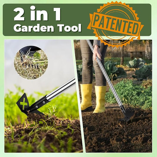 Weed Puller Tool with Long Handle, 60" Manual Weeding Tools Gardening, 2 in 1 Hand Weed Rake and Hoe Garden Weeder Tool, Uprooting Pulling Weed Remover Tool for Yard, Patio, Lawn and Garden (Yellow)