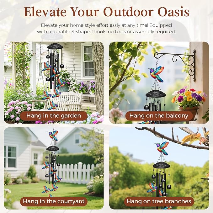 Hummingbird Wind Chimes for Outside,Soft Tone Black Metal Windchimes with Bells,Vivid Hummingbirds Decor for Garden Yard Patio,Memorial Sympathy Gifts for Women, Mom, Grandma,Bird Lovers in Gift Box