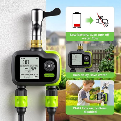 Sprinkler Timer, Brass Inlet Programmable Watering Timer for Garden Hose Fits 3/4” US Faucet, Outdoor Auto& Manual Hose Timer w/Rain Delay& Lock, Dirp Irrigation for Lawn, Yard, 2 Outlets