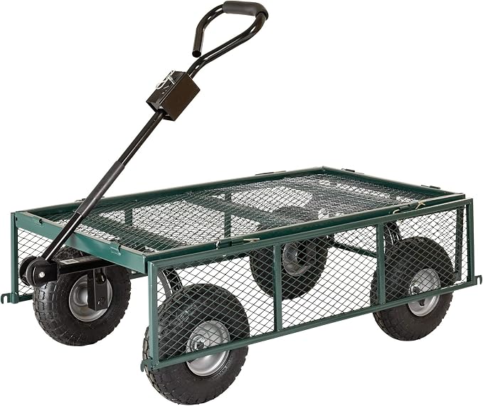 Garden Star 70107 Garden Cart/Utility Cart, Hinged/Removeable Sidewalls, Four 10-inch Wheels, Loop Handle with Convertible Hitch Attachment, Steel Powder-Coated Mesh Frame, 700-pound Capacity, Green