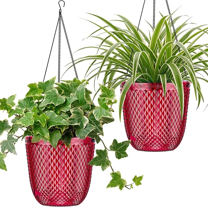 QCQHDU Hanging Planters for Indoor Plants, 2-Pack, 7.2 Inch, Red | Plastic, Self Watering Plant Hanger, with Drainage Holes, 3 Hooks Chains, For Garden Home
