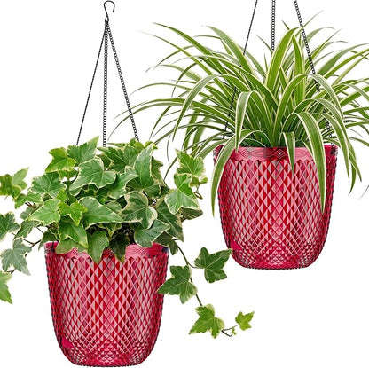 QCQHDU Hanging Planters for Indoor Plants, 2-Pack, 7.2 Inch, Red | Plastic, Self Watering Plant Hanger, with Drainage Holes, 3 Hooks Chains, For Garden Home