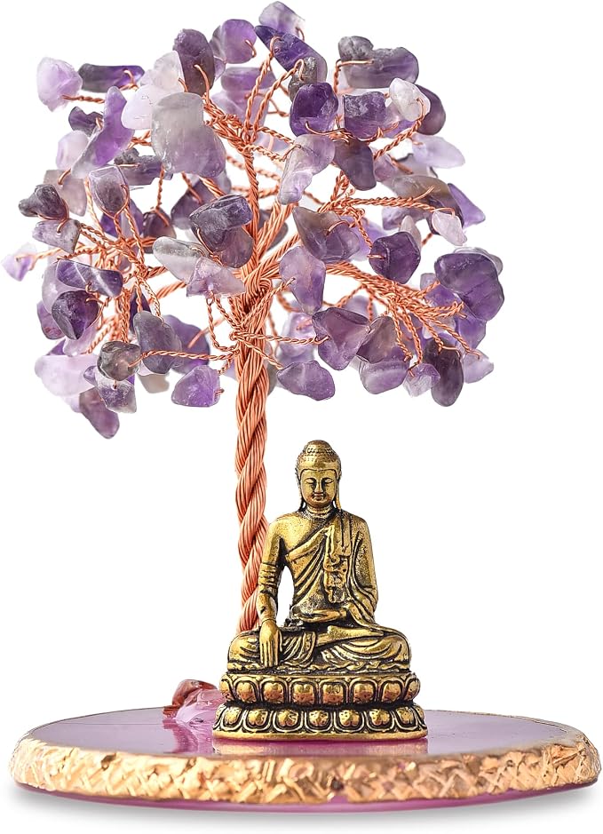 Buddha Statue with Healing Crystal Tree, Tree of Life for Positive Energy. Home Decor Yoga Meditation. Amethyst.(A)