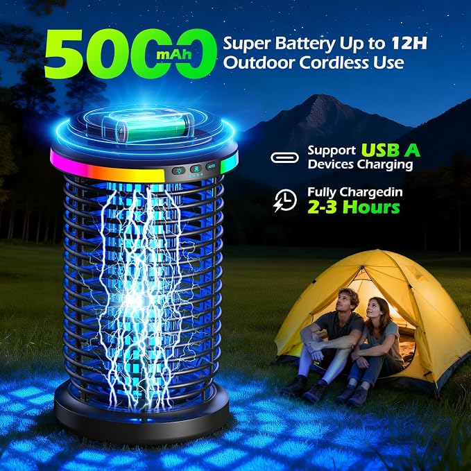 Rechargeable Bug Zapper Outdoor, 4200V Powerful Electric Mosquito Zapper 5-in-1 Portable & Wireless Bug Zapper Outdoor Cordless with 5000mAh Battery, Outdoor Waterproof Fly Zapper for Patio Camping