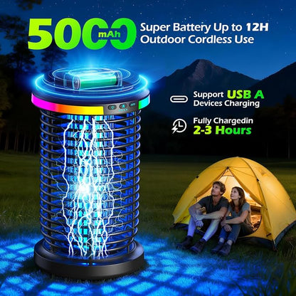 Rechargeable Bug Zapper Outdoor, 4200V Powerful Electric Mosquito Zapper 5-in-1 Portable & Wireless Bug Zapper Outdoor Cordless with 5000mAh Battery, Outdoor Waterproof Fly Zapper for Patio Camping