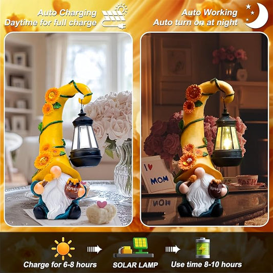 twinbling Birthday Gifts for Women Mom - Garden Gnome Statue with Solar Lights Large Garden Sculptures Funny Bee Gnome Outdoor Patio Lawn Yard Garden Decor 12 in Summer Gnomes Outdoor