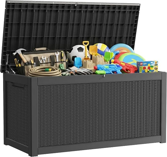 Outdoor Storage Box, 320 Gallon Waterproof Deck Box [Upgraded 3.0], Dual Gas-Spring Ultimate Resin Organizer for King Cushions, Heavy-Duty Lockable Estate Storage Bench, Backyard BBQ, Black