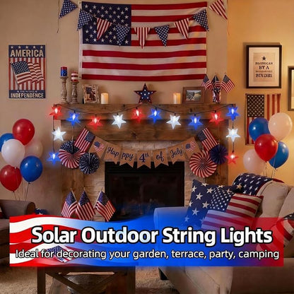 4th of July Twinkle Solar Star String Lights Outdoor 39FT/100L Fairy Lights | Red White and Blue 8 Modes Independence Day President Day Memorial Day