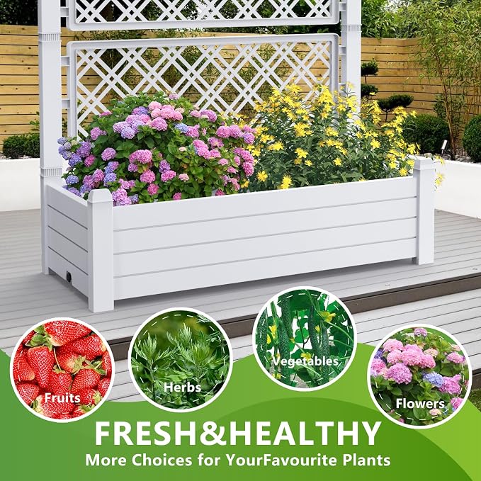 PatioZen Raised Garden Bed with Trellis for Climbing Plants, 43.43" L x 18.27" W x 59.29" H Planter Box with Self Watering Drainage Holes for Outdoor Backyard Patio Balcony, Anti-Rust Resin (Ashen)