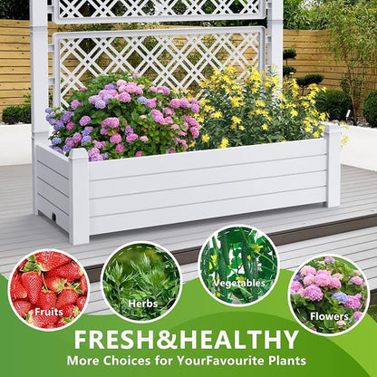 PatioZen Raised Garden Bed with Trellis for Climbing Plants, 43.43" L x 18.27" W x 59.29" H Planter Box with Self Watering Drainage Holes for Outdoor Backyard Patio Balcony, Anti-Rust Resin (Ashen)