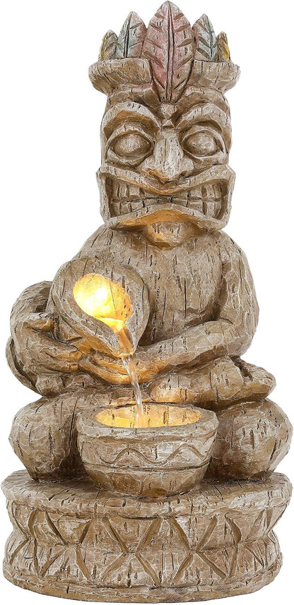 23" H Tiki Statue Outdoor Water Fountain with LED Lights | 2-Tier Tropical Artistic Water Feature with Soothing Cascading Waterfall for Relaxing Meditative Patio Backyard or Porch