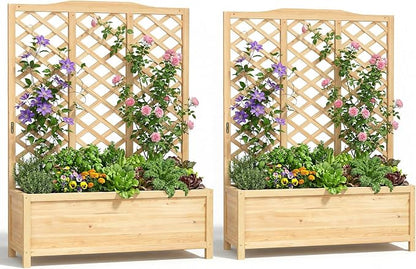 Wooden Raised Garden Bed with Trellis, Freestanding Planter Box with Drainage for Vines Climbing Plants Flowers Herbs, Elevated Gardening Planter for Backyard Balcony Patio