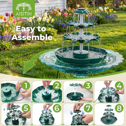 AISITIN 6.5W Solar Bird Bath Fountain, 3-Tiered Waterfall, DIY Detachable Solar Fountain Pump & Adjustable Panel, Lightweight Resin Plastic for Garden, Outdoor Bird Feeder, Pond Decor