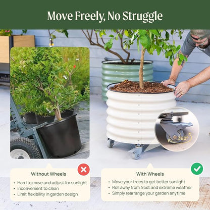 Rolling Metal Citrus Tree Planter Pot, 21″ Round Planter Box for Porch Patio & Backyard, 20 Gallon Large Planter Pot with Wheels for Growing Olive Trees Tomatoes Vegetables Flowers, 2 Pack Pearl White