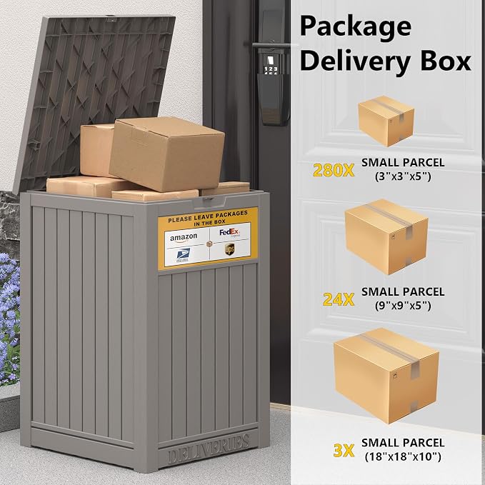 LHBGO Package Delivery Box for Outside, with Delivery Sign 48 Gallon Storage with Lockable Secure, Large Resin Outdoor Package Drop Container