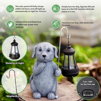 Qeeman Solar Dog for Garden Decor: Weatherproof Resin Statues | Warm Glow Lantern Outdoor Decoractions for Yard Pathway Patio Porch Balcony Front, Gifts for Mom Grandma Lovers