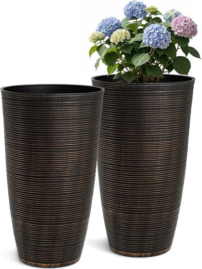 2-Pack 23.5" Bronze Plastic Tapered Planters with Vertical Stripes | Set of 2 PP tall planters with bronze vertical stripe texture, drainage plugs, and UV-treated finish for porch or patio