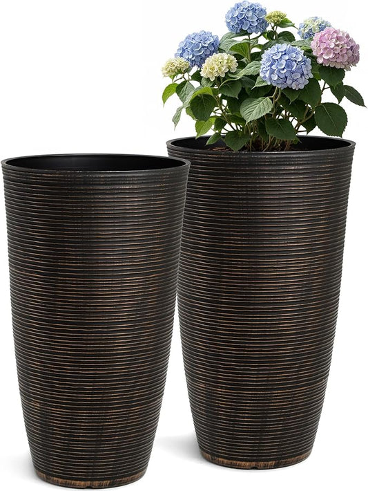 2-Pack 23.5" Bronze Plastic Tapered Planters with Vertical Stripes | Set of 2 PP tall planters with bronze vertical stripe texture, drainage plugs, and UV-treated finish for porch or patio