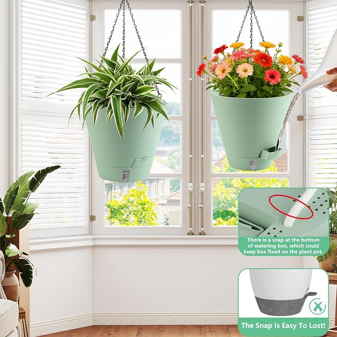 8 Inch Hanging Planters Indoor Outdoor, 3 Pack Plastic Self Watering Plant Pots with Drainage Holes & Saucers, Hanging Baskets Flower Pots with Chain for Ivy, Spider Plant, Pothos, Ferns
