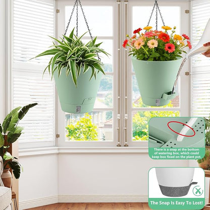 8 Inch Hanging Planters Indoor Outdoor, 3 Pack Plastic Self Watering Plant Pots with Drainage Holes & Saucers, Hanging Baskets Flower Pots with Chain for Ivy, Spider Plant, Pothos, Ferns