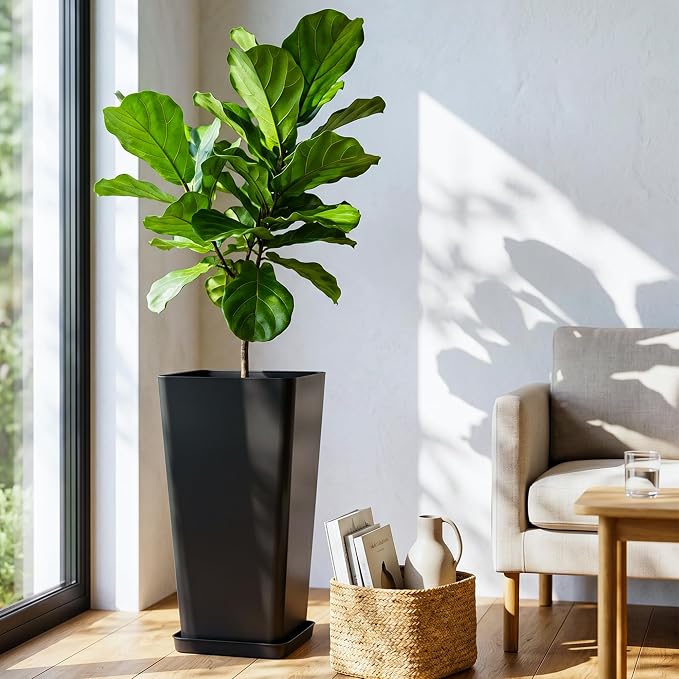 KOL Planters for Outdoor Plants, 28 Inch Tall Black Flower Pots 2 Pack, Large Plastic Plant Pots with Drainage Hole and Dual-Purpose Tray, Decorative Indoor Planter for Front Porch Patio Garden
