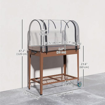 Outsunny Raised Garden Bed with Greenhouse Cover, Large Metal Outdoor Elevated Planter Box with Lockable Wheels, Storage Shelf and Drainage Hole for Vegetables, Flowers, Herbs, Brown