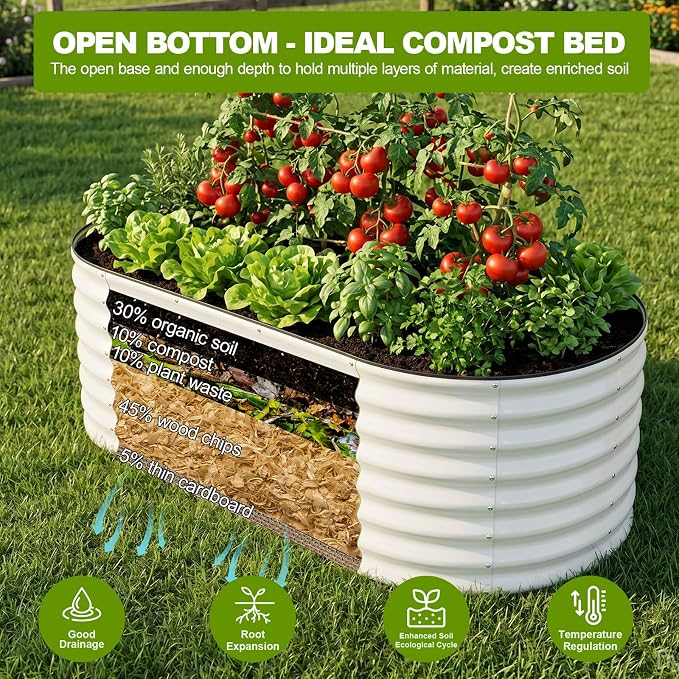 24" Tall Galvanized Raised Garden Bed Outdoor, 6x3x2ft Deep Metal Planter Box with Safety Edging & Support Bars, Large Oval Raised Beds for Gardening Plants Vegetables Herbs Flowers (White)