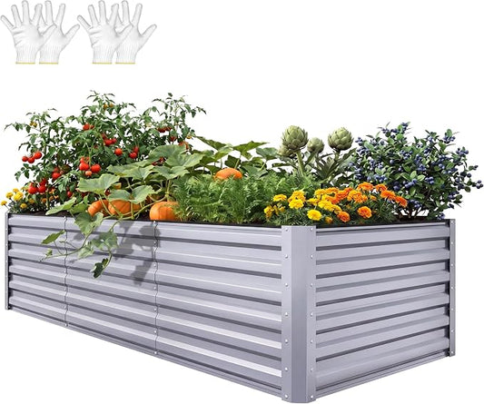 YITAHOME 8x4x2ft Large Raised Garden Bed Kit, Galvanized Metal Planter Box with Gloves, Support Rod, Outdoor Above Ground Planters for Plants Vegetables Flowers, Silver Gray