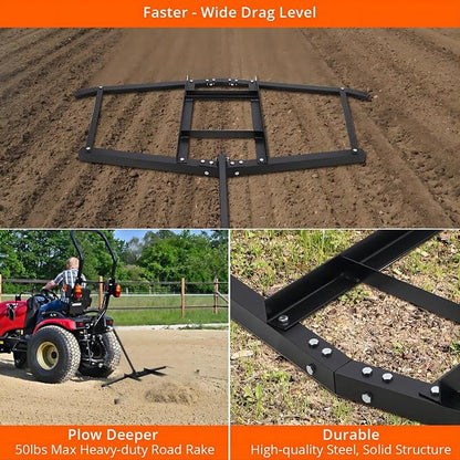 Drag Harrow 74”Wide High Efficient Driveway Grader with Pin Hitch, Up to 50lbs, Heavy-Duty Lawn Leveling Rake Pull Behind Lawn Tractor Rake for Sand, Soil, Farm, Garden