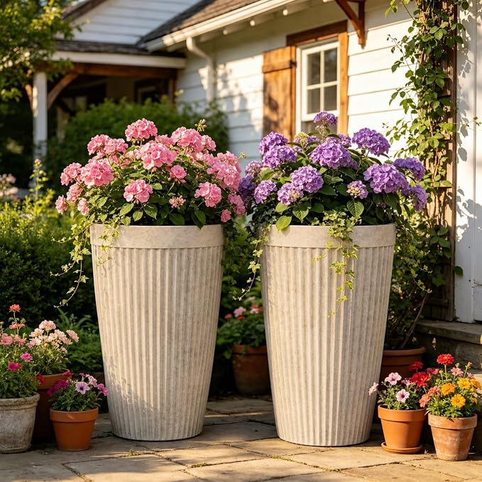 2-Pack 20" Vintage Ivory Resin Tall Planters with Fluted Texture | Set of 2 resin tall planters with fluted texture, drainage plugs, and UV-resistant finish for porch, patio, or garden.