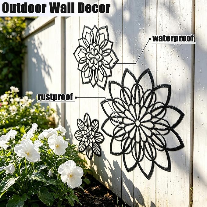 Zzbakress 3 Pieces Metal Flowers Wall Decor, Black Wall Decors, Flower Art Wall Decor Farmhouse Wall Decoration Multiple Flowers Hanging Decor for Bathroom Living Room Garden Office (Black Elegant)