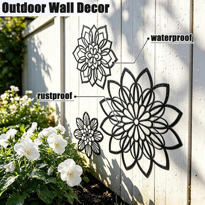 Zzbakress 3 Pieces Metal Flowers Wall Decor, Black Wall Decors, Flower Art Wall Decor Farmhouse Wall Decoration Multiple Flowers Hanging Decor for Bathroom Living Room Garden Office (Black Elegant)