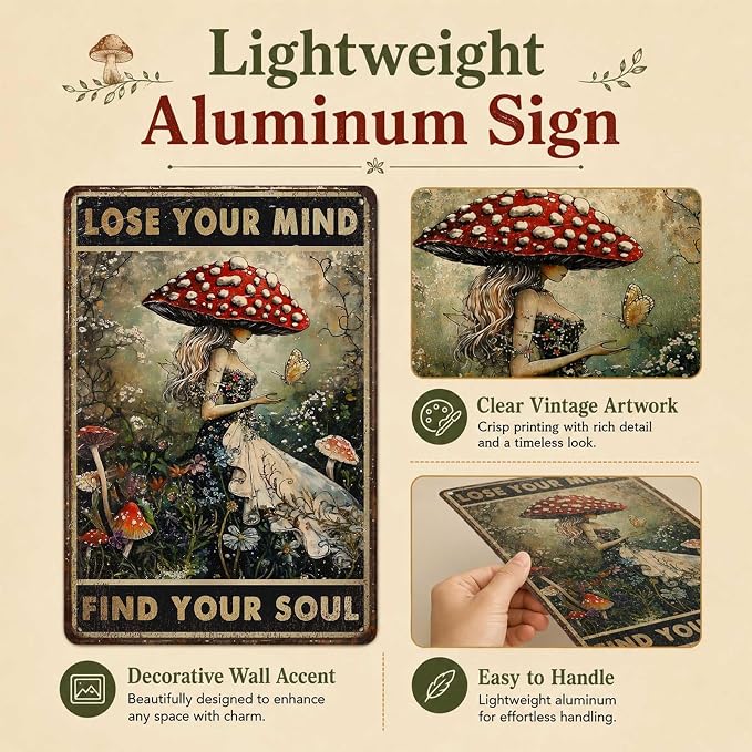PEACHGARDEN Vintage Mushroom Kitchen Decor Lose Your Mind Find Your Soul Metal Tin Sign Whimsigoth Wall Art Cottagecore Witchy Room Aesthetic For Home Coffee Bar Botanical Bohemian Gift 8x12 Inch