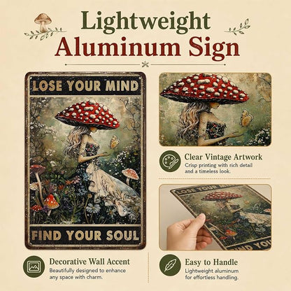 PEACHGARDEN Vintage Mushroom Kitchen Decor Lose Your Mind Find Your Soul Metal Tin Sign Whimsigoth Wall Art Cottagecore Witchy Room Aesthetic For Home Coffee Bar Botanical Bohemian Gift 8x12 Inch