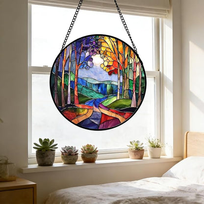 DASTOLL Stained Glass Window Hanging, Colorful Forest Landscape Tree Suncatcher for Doors Window Home Abstract Sun Catchers Decoration Mother's Day Birthday Gifts for Women, Men, and Mom 9.8 in