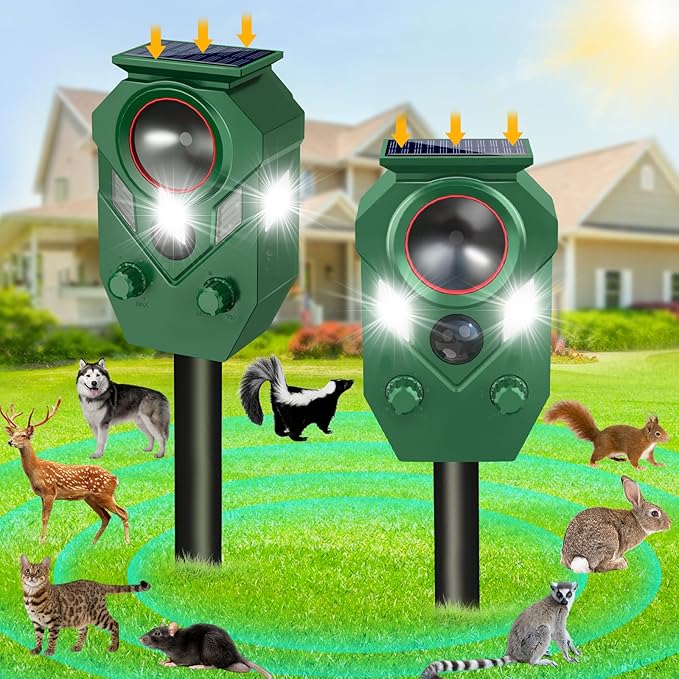 Solar Animal Repellent,Ultrasonic Cat Repellent Outdoor with Motion Sensor,Waterproof Rabbit Repeller with Flashing Light Defender Dog, Mouse,Squirrel,Raccoon,Skunk,Deer for Yard Farm Garden-2 Pack