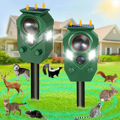 Solar Animal Repellent,Ultrasonic Cat Repellent Outdoor with Motion Sensor,Waterproof Rabbit Repeller with Flashing Light Defender Dog, Mouse,Squirrel,Raccoon,Skunk,Deer for Yard Farm Garden-2 Pack