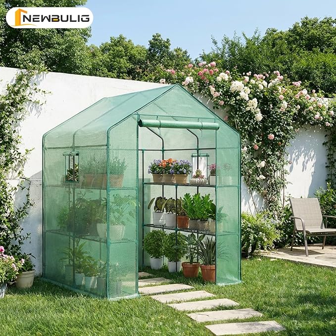 NEWBULIG Outdoor Greenhouse, Walk-in Greenhouse with 2 Tier 8 Plant Shelves, 56"x56"x77" Durable PVC Cover, Portable Greenhouses for Outdoor Garden, Patio, Porch, Backyard Green Houses, Green