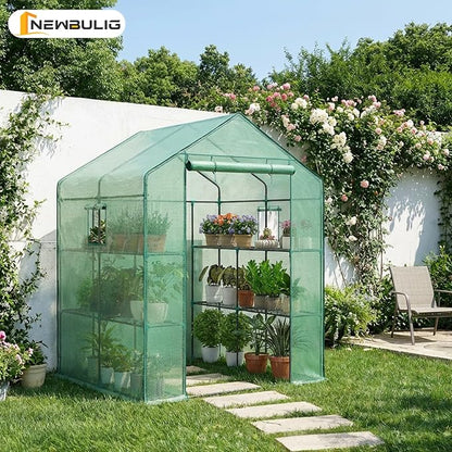 NEWBULIG Outdoor Greenhouse, Walk-in Greenhouse with 2 Tier 8 Plant Shelves, 56"x56"x77" Durable PVC Cover, Portable Greenhouses for Outdoor Garden, Patio, Porch, Backyard Green Houses, Green