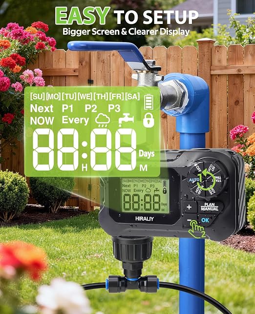 HIRALIY 50FT Drip Irrigation System with Timer, Pressure Compensated Watering Kit with 12 Adjustable Emitters, Quick Connect Garden Irrigation for Patio Pots, Raised Beds and Plants