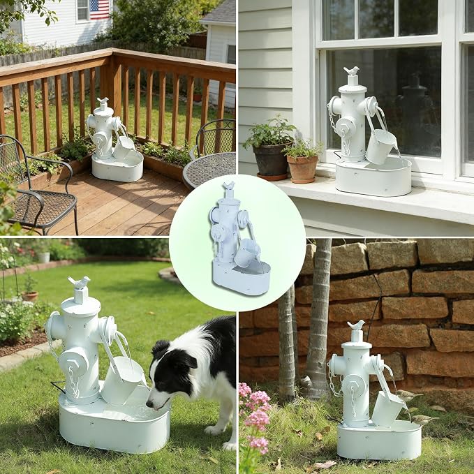 Metal Fire Hydrant Solar Water Fountain with Backup Battery | water fountain outdoor,Solar Fountain Bird Bath for Garden, Patio & Yard Decor,Working at Night for at Least 6 Hours (White)