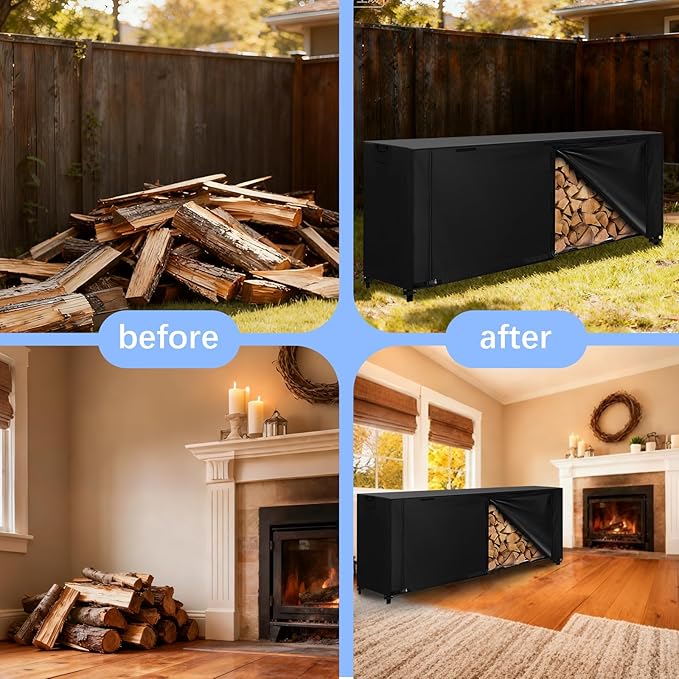 KALINCO 8FT Firewood Rack Cover, Heavy Duty 600D Waterproof Outdoor Firewood Storage Cover with Zipper and Hook Loop Tape (Log Rack not Included)