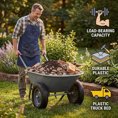 Garvee Wheelbarrow Garden Cart, Heavy Duty Home Utility, Dual-Wheel Home Garden Yard Utility Wheelbarrow Cart with Built-in Stand,(Grey)